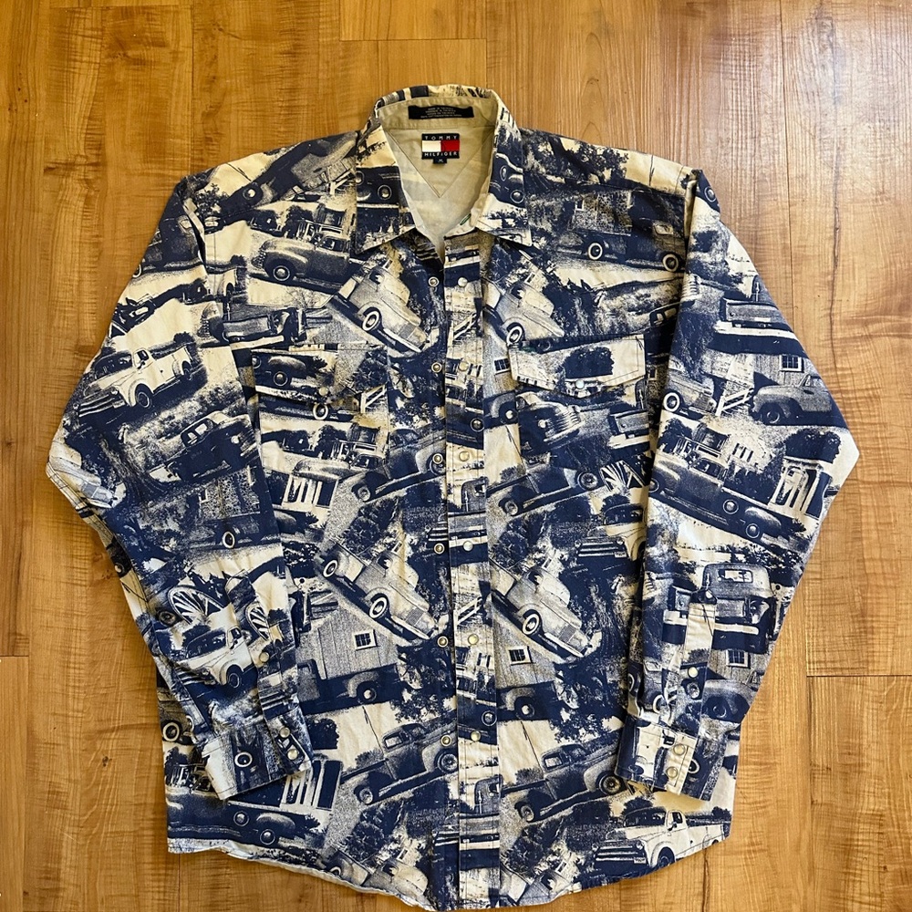 Tommy Hilfiger Beige and Blue Button-Up Shirt